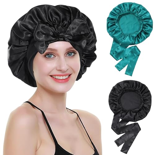 Coubeau Schlafmütze Satin Bonnet für Damen – 2 Stück Schlafhaube Seide Verstellbare Satin Haarhaube Atmungsaktive Haarhaube Silk Bonnet Schlafmütze für Damen und Mädchen von Coubeau