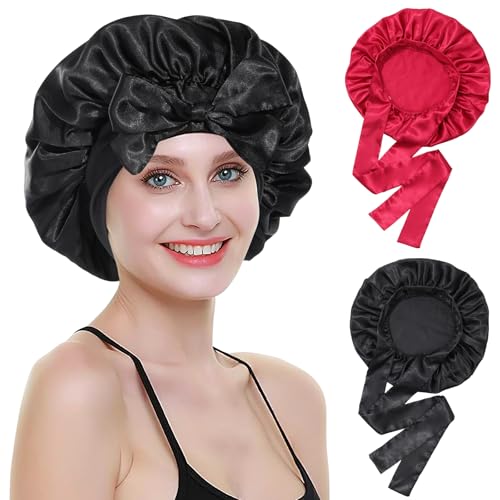 Coubeau Schlafmütze Satin Bonnet für Damen – 2 Stück Schlafhaube Seide Verstellbare Satin Haarhaube Atmungsaktive Haarhaube Silk Bonnet Schlafmütze für Damen und Mädchen von Coubeau