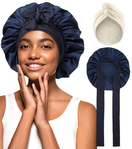 Coubeau haarhaube für die nacht schlafhaube seide turban handtuch mit knopf mikrofaser handtuch haare Kombination aus Trockenhaarkappe und satin schlafhaube von Coubeau