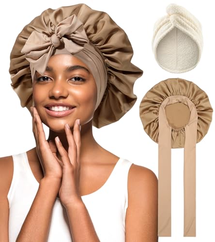 Coubeau haarhaube für die nacht schlafhaube seide turban handtuch mit knopf mikrofaser handtuch haare Kombination aus Trockenhaarkappe und satin schlafhaube von Coubeau