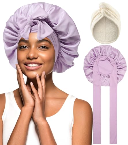 Coubeau haarhaube für die nacht schlafhaube seide turban handtuch mit knopf mikrofaser handtuch haare Kombination aus Trockenhaarkappe und satin schlafhaube von Coubeau