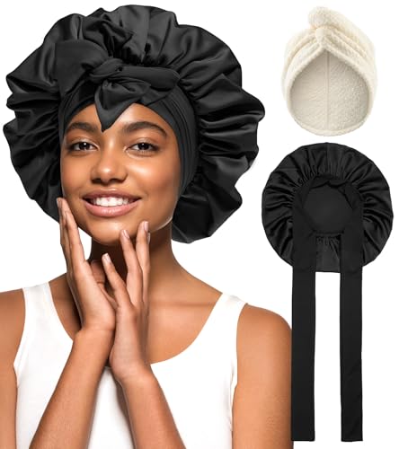 Coubeau haarhaube für die nacht schlafhaube seide turban handtuch mit knopf mikrofaser handtuch haare Kombination aus Trockenhaarkappe und satin schlafhaube von Coubeau