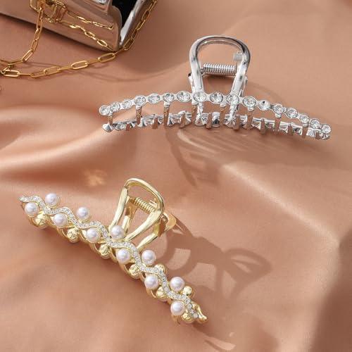 Haarklammer Metall 2 Stück Große Goldene Silber Haarklammer Glitzer Haarspange mit Perlen Strass für Dickes Haar Geburtstagsgeschenk für Frauen und Mädchen von Coubeau