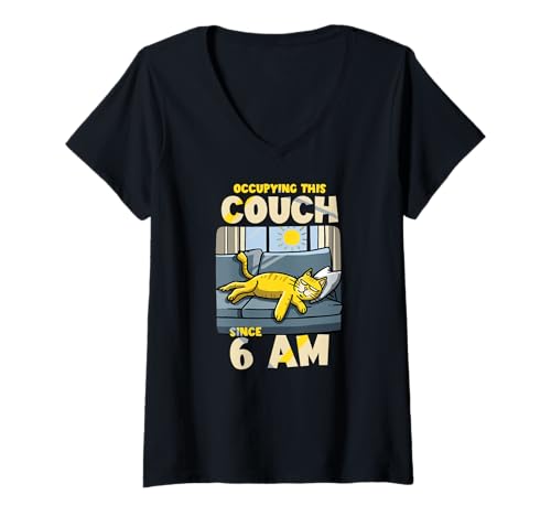 Damen Occupying this couch since six am T-Shirt mit V-Ausschnitt von Couch Occupying Cats Kitten Feline Whiskers Purr
