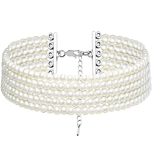 BABEYOND 1920s Damen Halskette Kurz Multi Schichte Choker Kette Hochzeit Braut Schmuck Accessoires Imitation Perlen Kette Elegant Retro Stil Fasching Kostüm Zubehör (Stil 2-5 Schichten) von BABEYOND