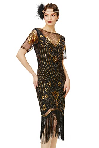 Coucoland 1920s Kleid Damen Kurz Fransen Ärmel Rund Ausschnitt Flapper Kleid 20er Jahre Paillettenkleider Great Gatsby Cocktail Party Damen Fasching Kostüm Kleid (Schwarz Gold, M) von Coucoland