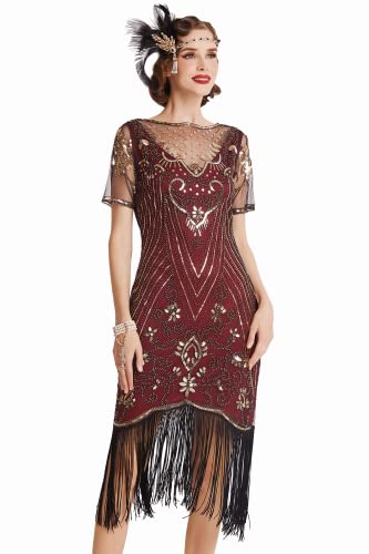 Coucoland 1920s Kleid Damen Kurz Fransen Ärmel Rund Ausschnitt Flapper Kleid 20er Jahre Paillettenkleider Great Gatsby Cocktail Party Damen Fasching Kostüm Kleid (Weinrot Gold, XL) von Coucoland