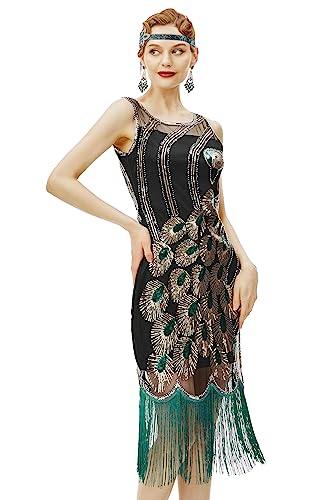 BABEYOND 1920s Kleid Damen Pfau Muster Flapper Charleston Kleid mit Fransen Great Gatsby 20er Jahre Cocktail Kleider Damen Fasching Kostüm Kleid (SchwarzGrün-M) von BABEYOND