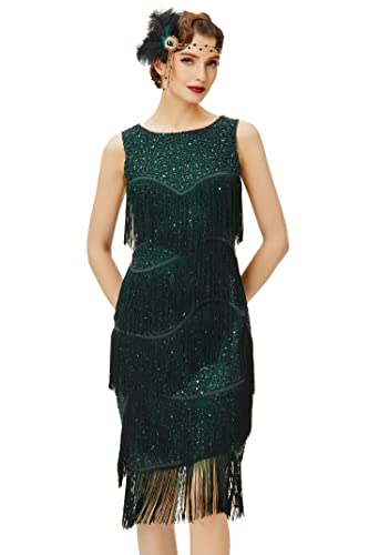 Coucoland 1920s Kleid Damen Runder Ausschnitt Elegant Abendkleid mit Multi Schichten Fransen 20er Jahre Retro Stil Great Gatsby Cocktail Party Damen Fasching Kostüm Kleid (Dunkelgrün, S) von Coucoland