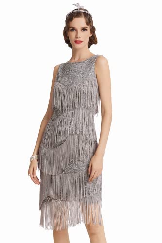 Coucoland 1920s Kleid Damen Runder Ausschnitt Elegant Abendkleid mit Multi Schichten Fransen 20er Jahre Retro Stil Great Gatsby Cocktail Party Damen Fasching Kostüm Kleid (Grau, S) von Coucoland