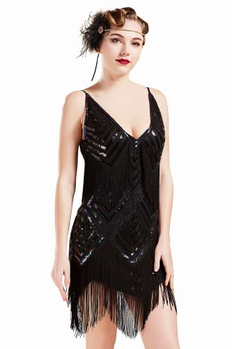 BABEYOND 1920s Kleid Damen Sexy V Ausschnitt Flapper Charleston Kleid 20er Jahre Retro Stil Great Gatsby Motto Party Damen Fasching Kostüm Kleid (Schwarz L) von BABEYOND