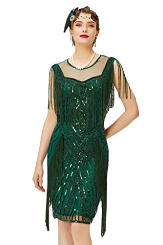 Coucoland 1920s Kleid mit Troddel Stola Damen Gatsby Abendkleid Cocktail Party Damen 20er Jahre Kostüm Kleid (Dunkelgrün, XXL) von Coucoland