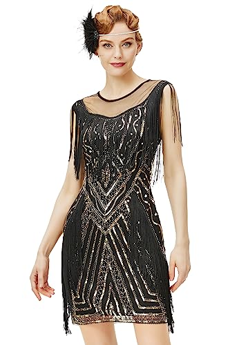 Coucoland 1920s Kleid mit Troddel Stola Damen Gatsby Abendkleid Cocktail Party Damen 20er Jahre Kostüm Kleid (Schwarz Gold, L) von Coucoland