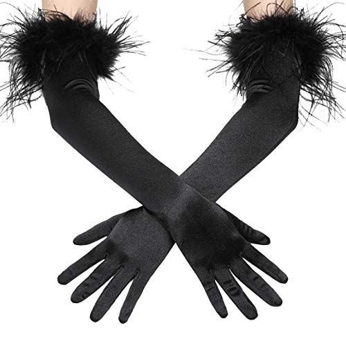 Coucoland Damen 1920s Handschuhe mit Feder Manschette Classic Opera Fest Party Audrey Hepburn Lang Handschuhe Damen Fasching Kostüm Accessoires (Stil 2 - Schwarz) von Coucoland