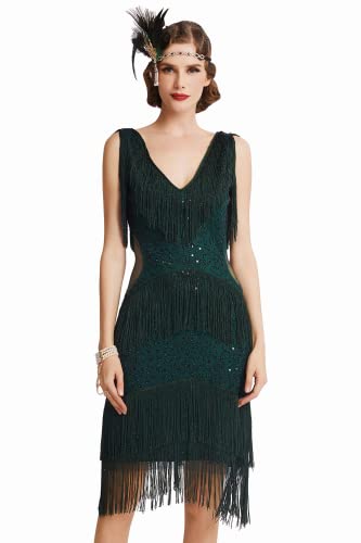 BABEYOND Damen 1920s Kleid V Ausschnitt Ärmellos Sexy Transparent Taille Flapper Fransen Kleid 20er Jahre Great Gatsby Cocktail Party Damen (Dunkelgrün L) von BABEYOND