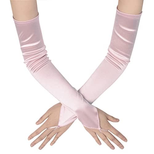 Coucoland Damen Fingerlos 20er Satin Classic Opera Fest Party Handschuhe, Audrey Hepburn 1920s Lang Elastisch (Rosa) von Coucoland