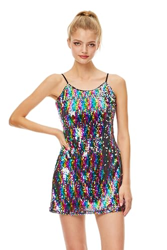 Coucoland Damen Glitzer Pailletten Kleid - Mini Spaghettiträger Kleider Sparkle Club Party Bodycon, Regenbogen, Mittel von Coucoland