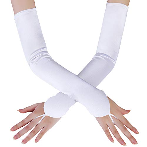 Coucoland Damen Satin Classic Opera Fest Party Audrey Hepburn Handschuhe - 1920s Lang Kurz Elastisch (Fingerlos Glatt/Weiß) von BABEYOND