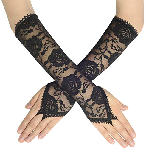 BABEYOND Coucoland Damen Satin Classic Opera Fest Party Audrey Hepburn Handschuhe - 1920s Lang Kurz Elastisch (Fingerlos Spitze Lang/Schwarz) von BABEYOND