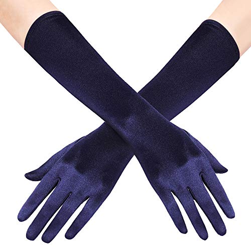 Coucoland Damen Handschuhe Satin Classic Opera Fest Party Audrey Hepburn Handschuhe 1920s Handschuhe Damen Lang Kurz Elastisch (Navyblau/38cm) von Coucoland