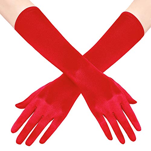 Coucoland Damen Handschuhe Satin Classic Opera Fest Party Audrey Hepburn Handschuhe 1920s Handschuhe Damen Lang Kurz Elastisch (Rot/38cm) von Coucoland