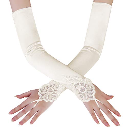 BABEYOND Damen Handschuhe Satin Classic Opera Fest Party Audrey Hepburn Handschuhe 1920s Handschuhe Damen Lang Kurz Elastisch (Spitze Elfenbein/45cm) von BABEYOND