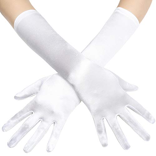 Coucoland Damen Satin Classic Opera Fest Party Audrey Hepburn Handschuhe - 1920s Lang Kurz Elastisch (Weiß/38cm) von Coucoland