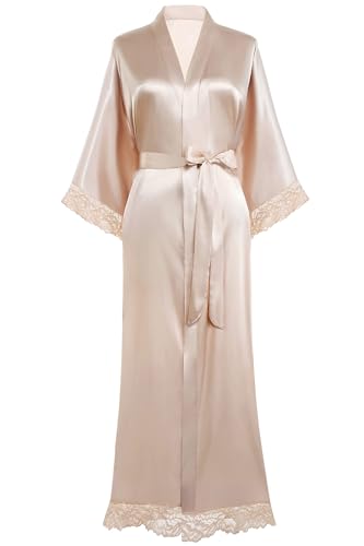 BABEYOND Damen Morgenmantel Lang Einfarbiger Bademantel Spitzen Ärmel Seide Satin Kimono Kleid Damen Sommer Robe Reine Farbe Schlafmantel (Lang - Champagner) von BABEYOND