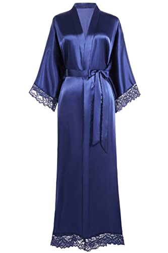 BABEYOND Damen Morgenmantel Lang Kurz Einfarbiger Bademantel Spitzen Ärmel Seide Satin Kimono Kleid Damen Sommer Robe Reine Farbe Schlafmantel (Lang - Dunkelblau) von BABEYOND