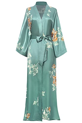 BABEYOND Damen Morgenmantel Maxi Lang Seide Satin Sommer Kimono Kleid Klassisch Blumen Muster Kimono Bademantel Damen Lange Robe Blumen Schlafmantel Girl Pajama Party (1-Silber Grün) von Coucoland