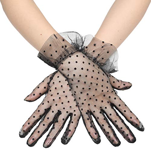 Coucoland Damen Polka Dot Handschuhe Lang Kurz Transparent Netzstoff Mesh Braut Hochzeit Opera Fest Party Fasching Kostüm Accessoires (Kurz - Schwarz Dot) von BABEYOND