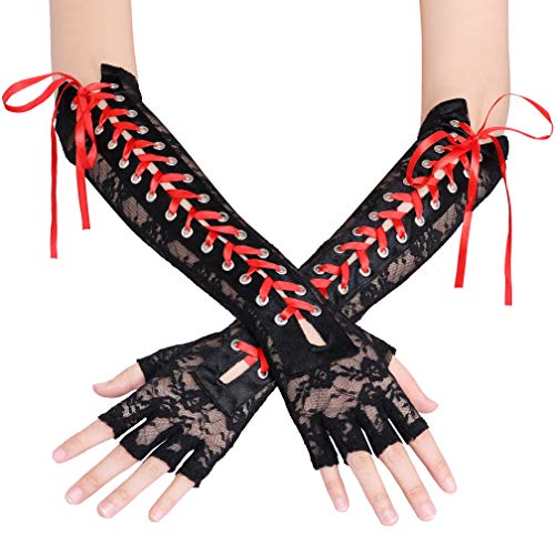 Coucoland Handschuhe Damen Lang mit Senkel Opera Fest Party Gotisch Handschuhe Damen Fasching Kostüm Accessoires (Schwarz Rot) von Coucoland