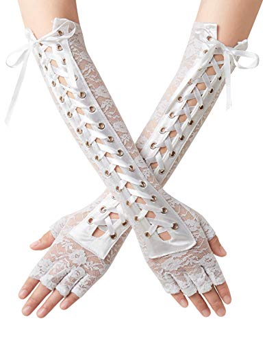 Coucoland Handschuhe Damen Lang mit Senkel Opera Fest Party Gotisch Handschuhe Damen Fasching Kostüm Accessoires (Weiß-1) von Coucoland