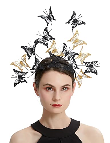 Coucoland Schmetterling Fascinator Hut Monarch Schmetterling Stirnband Krone Teeparty Halloween Kostüm Kopfschmuck, Goldfarben / Schwarz, Einheitsgröße von Coucoland