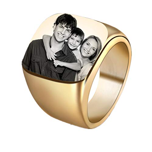 Coudf Gravierte Foto Ring Geschenke Personalisierte Bild Siegelringe Individuell gravierte Edelstahl Siegelringe Vatertag Fotogeschenke Personalisierte Geschenke für Männer(Gold 11) von Coudf