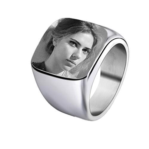 Coudf Gravierte Foto Ring Geschenke Personalisierte Bild Siegelringe Individuell gravierte Edelstahl Siegelringe Vatertag Fotogeschenke Personalisierte Geschenke für Männer(Silber 8) von Coudf