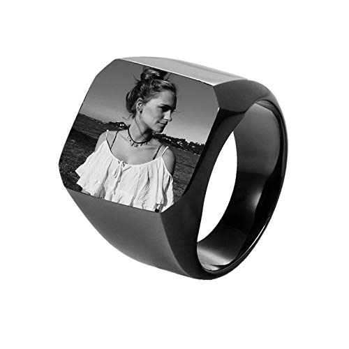 Coudf Gravierte Foto Ring Geschenke Personalisierte Bild Siegelringe Individuell gravierte Edelstahl Siegelringe Vatertag Fotogeschenke Personalisierte Geschenke für Männer (Schwarz 12) von Coudf