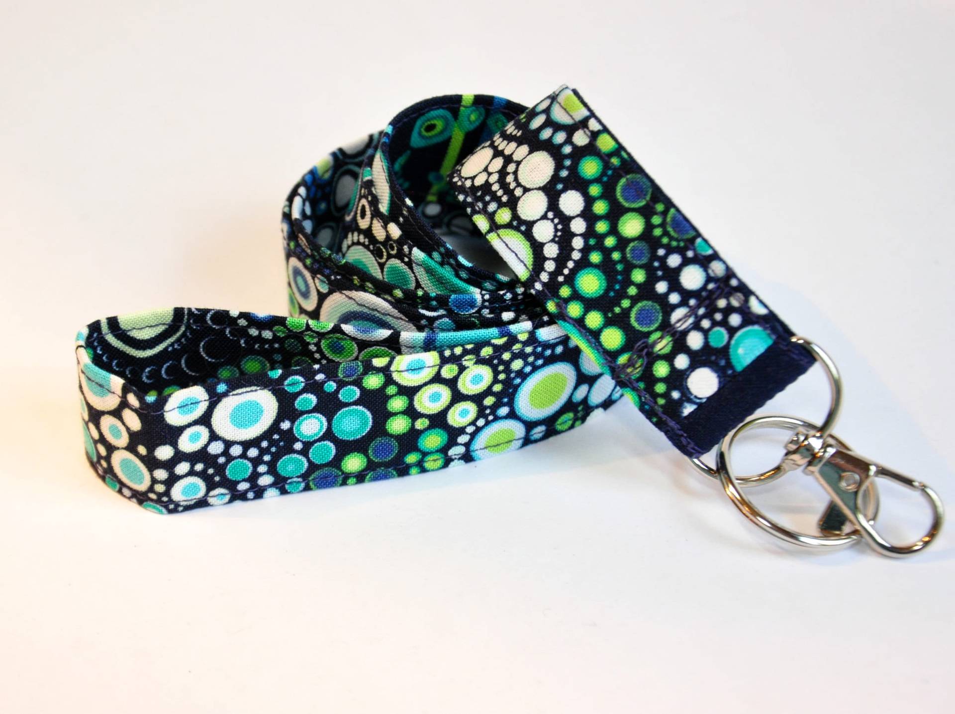 Handgemachtes Schlüsselband/Lanyard Blau-Grünes Bubble-Print, Drehhaken von Coudsdonc