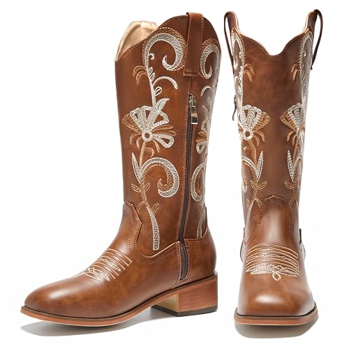 CouieCuies Damen Bequeme Cowboystiefel Niedriger Absatz Westernstiefel Bestickt Cowgirl Stiefel Pull on Mid Calf Mexikanische Stiefel Braun Größe 45 von CouieCuies