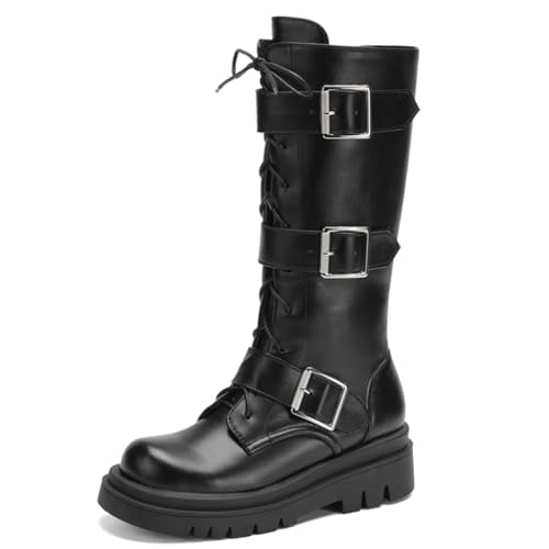 CouieCuies Damen Combat Stiefel Calf High Platform Chunky Heel Stiefel Schwarz Riding Stiefel Schnüren Fall Lug Sole Gothic Motorcycle Stiefel Side Reißverschlussper von CouieCuies