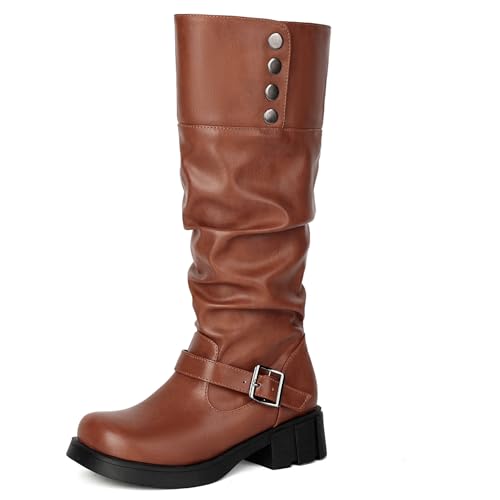 CouieCuies Damen's Knee High Stiefel Round Toe Ohne Verschluss Chunky Heel Motorcycle Combat Stiefel Gemütlich CouieCuies Damen's Knee High Stiefel Round Toe Ohne Verschluss Chunky Heel Motorcycle Combat Stiefel Gemütlich von CouieCuies