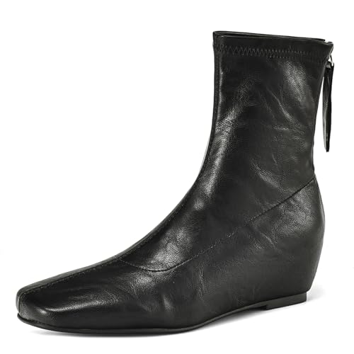 CouieCuies Damen's Knöchel Stiefel Flach Niedrige Absatz Square Toe Stiefelies with Reißverschluss Comfortable Leisure Kleid Schuhe von CouieCuies