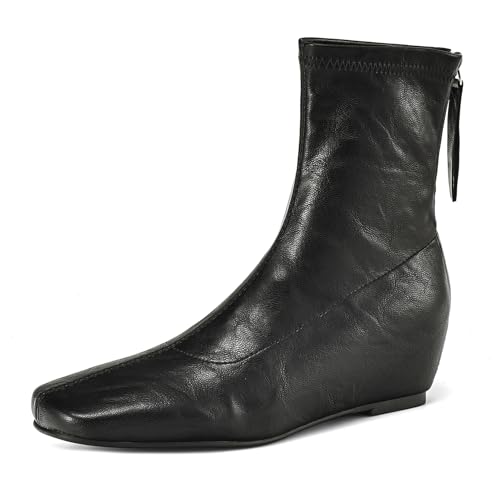 CouieCuies Damen's Knöchel Stiefel Flach Niedrige Absatz Square Toe Stiefelies with Reißverschluss Comfortable Leisure Kleid Schuhe von CouieCuies
