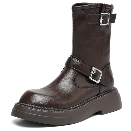 CouieCuies Damen's Knöchel Stiefel Runde Zehen Reißverschluss Niedrige Absatz Comfortable Riding Stiefel Schnalle Leisure Stiefelies von CouieCuies