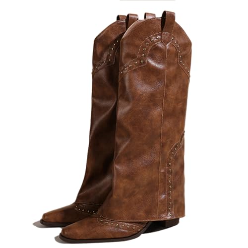 CouieCuies Kniehoch Cowgirl Stiefel for Damen Pointed Toe Pull-On Cowboy Stiefel Fold Over Chunky Heels von CouieCuies