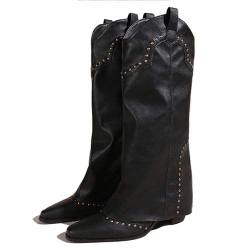 CouieCuies Kniehoch Cowgirl Stiefel for Damen Pointed Toe Pull-On Cowboy Stiefel Fold Over Chunky Heels von CouieCuies