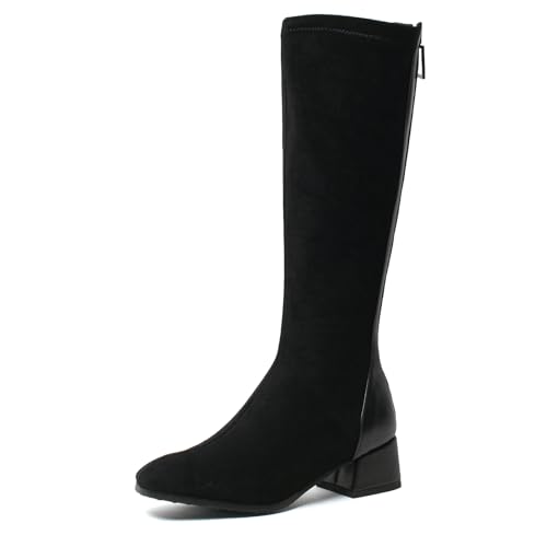 CouieCuies Kniehoch Stiefel Damen Niedrige Absatz Runde Zehen Party Kleid Gemütlich Stiefel Schwarz Back Reißverschluss von CouieCuies