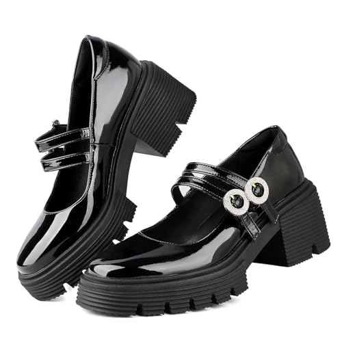 CouieCuies Damen Mary Jane Halbschuhe Klobige Absatz Plateau Schuhe Lackschwarz Mädchen Bequeme Lolita Knöchelriemen Runde Spitze 36 CouieCuies Damen Mary Jane Halbschuhe Klobige Absatz Plateau Schuhe Lackschwarz Mädchen Bequeme Lolita Knöchelriemen Runde Spitze 36 von CouieCuies