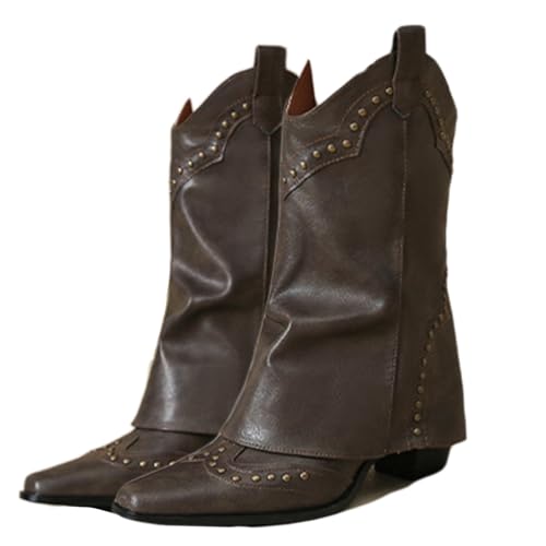 CouieCuies Mid Calf Cowgirl Stiefel for Damen Pointed Toe Pull-On Cowboy Stiefel Fold Over Chunky Heels von CouieCuies