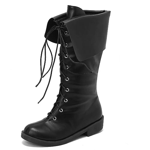 CouieCuies Piratenstiefel für Damen Kniehohe Stiefel Schnürstiefel Flache Frauen Faltbar Kunstleder Abdeckungen von CouieCuies